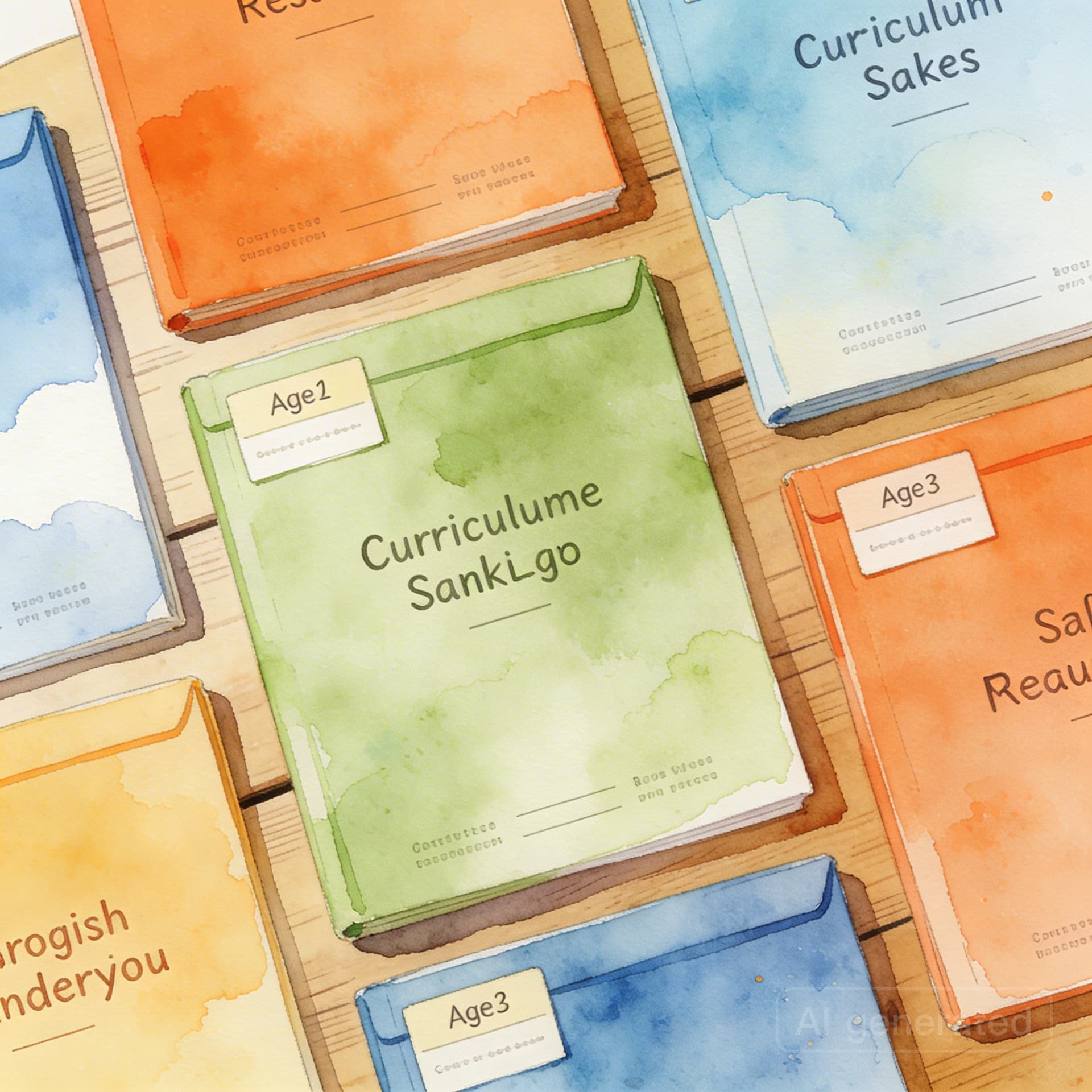 Colorful curriculum packs showing different age groups and languages