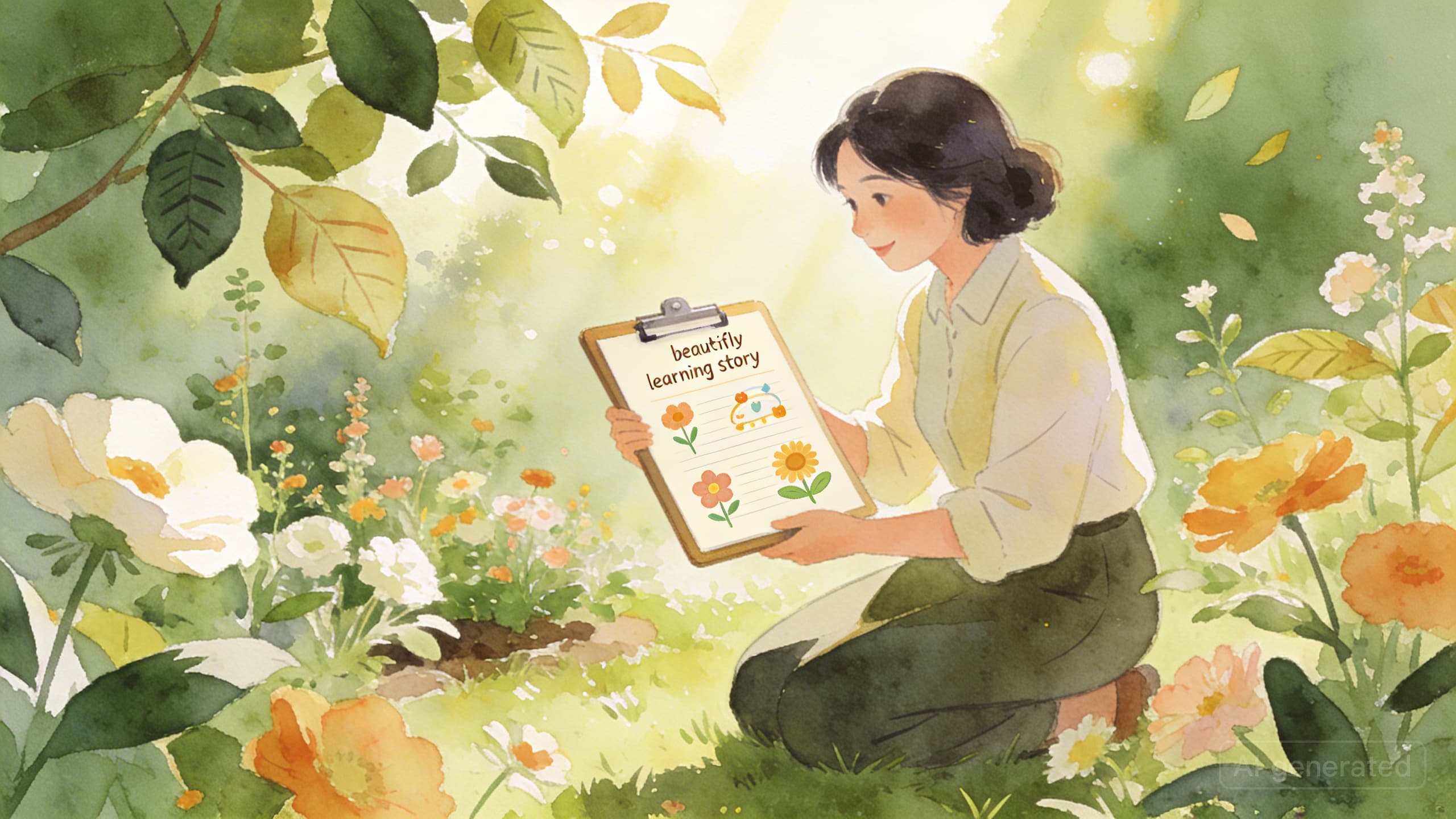 Educator documenting a child's learning journey in a sunlit garden