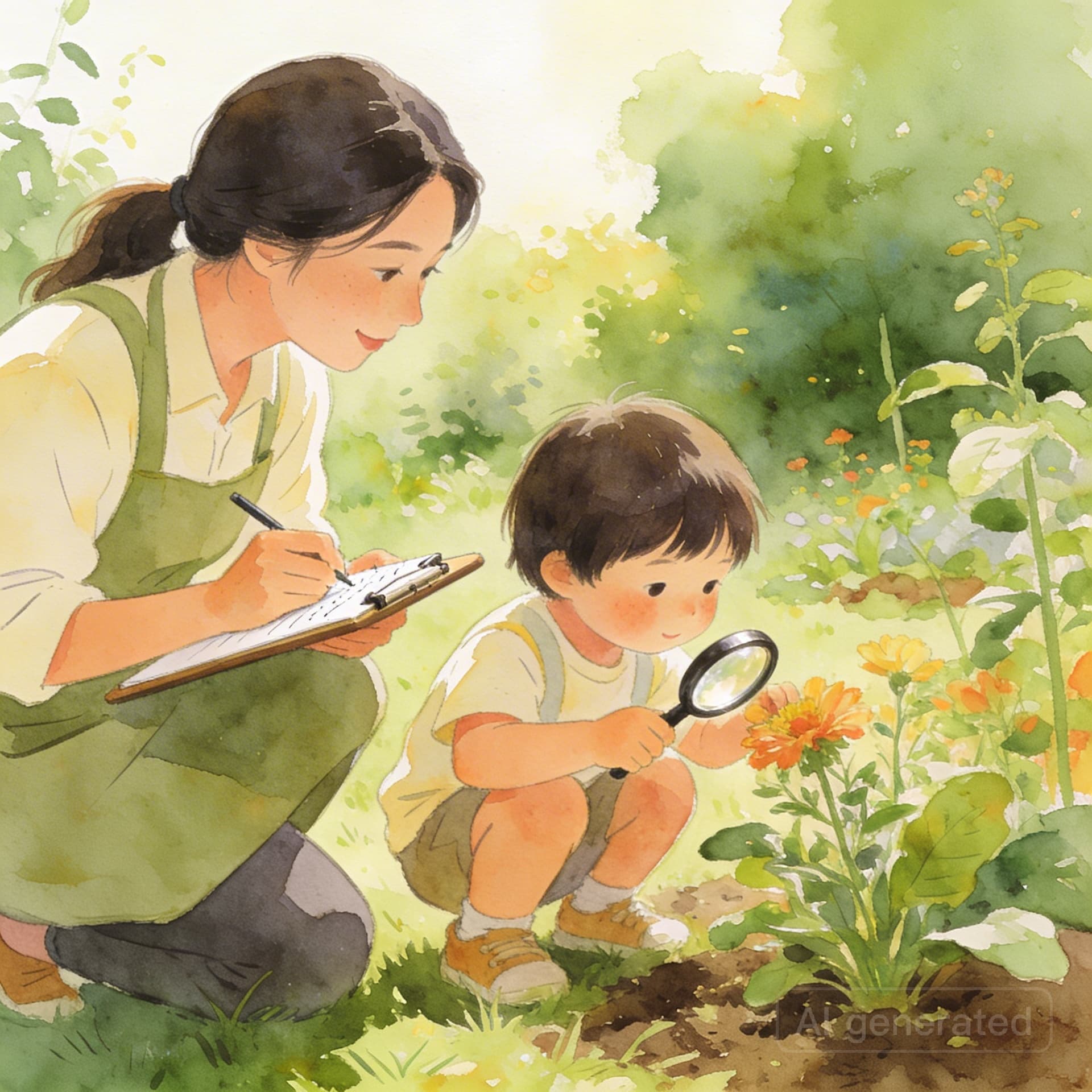 Educator jotting observations while children explore nature