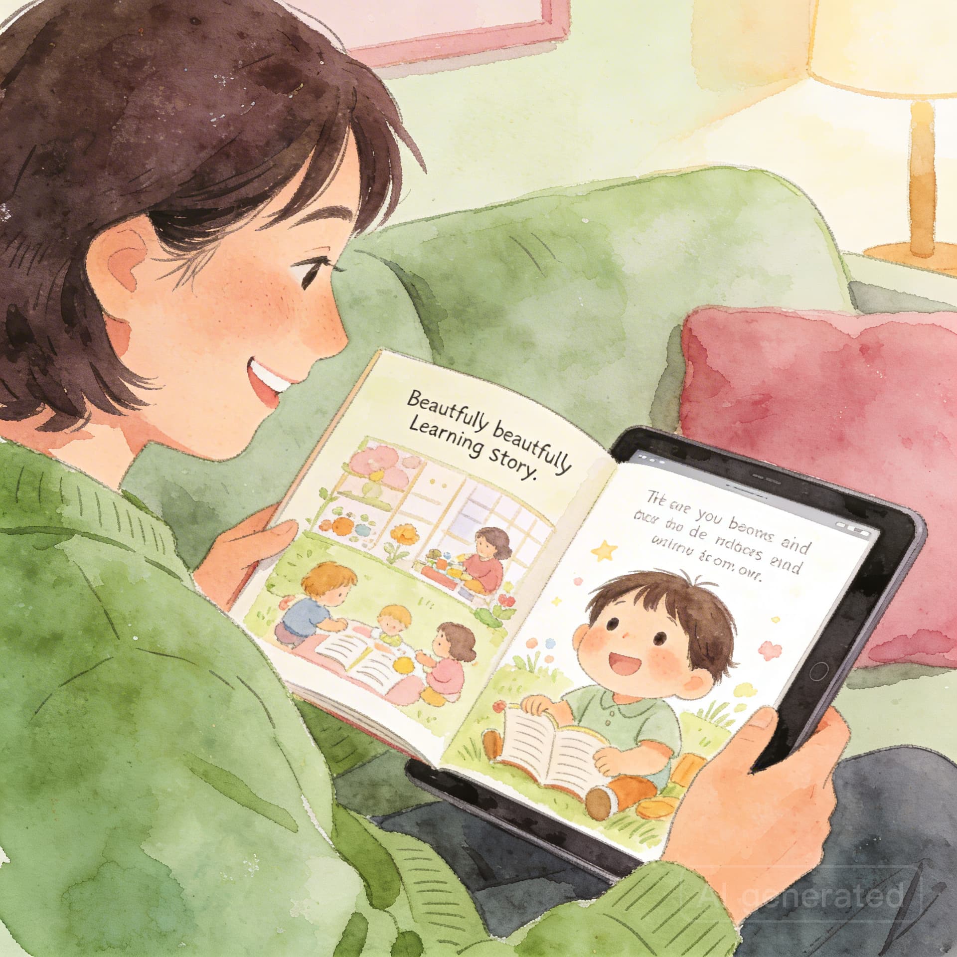 Parent reading a beautifully designed learning story on tablet