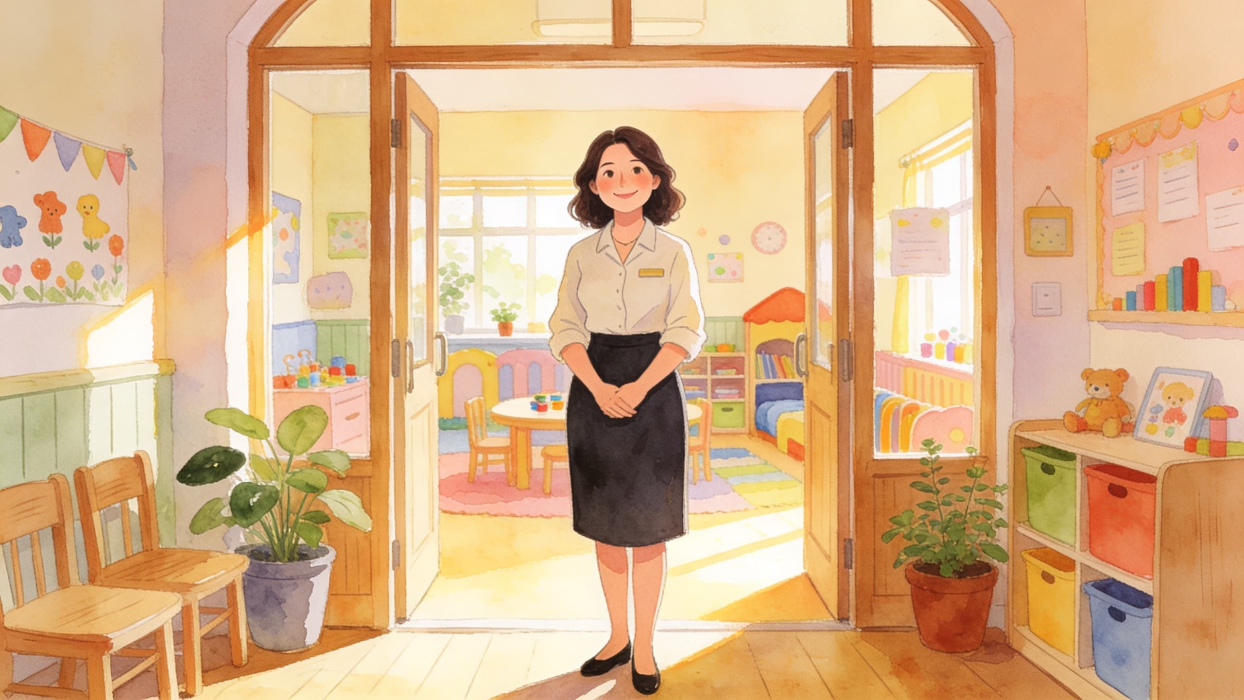 Confident preschool owner standing in the welcoming entrance of her nursery