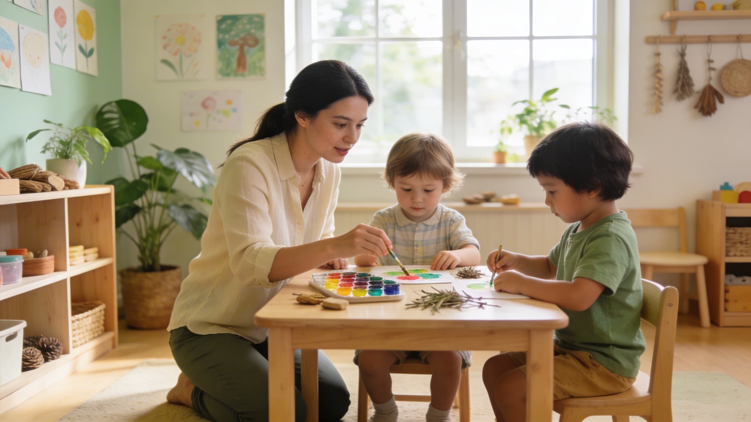 Teacher engaging with young children in a warm, Reggio-inspired classroom