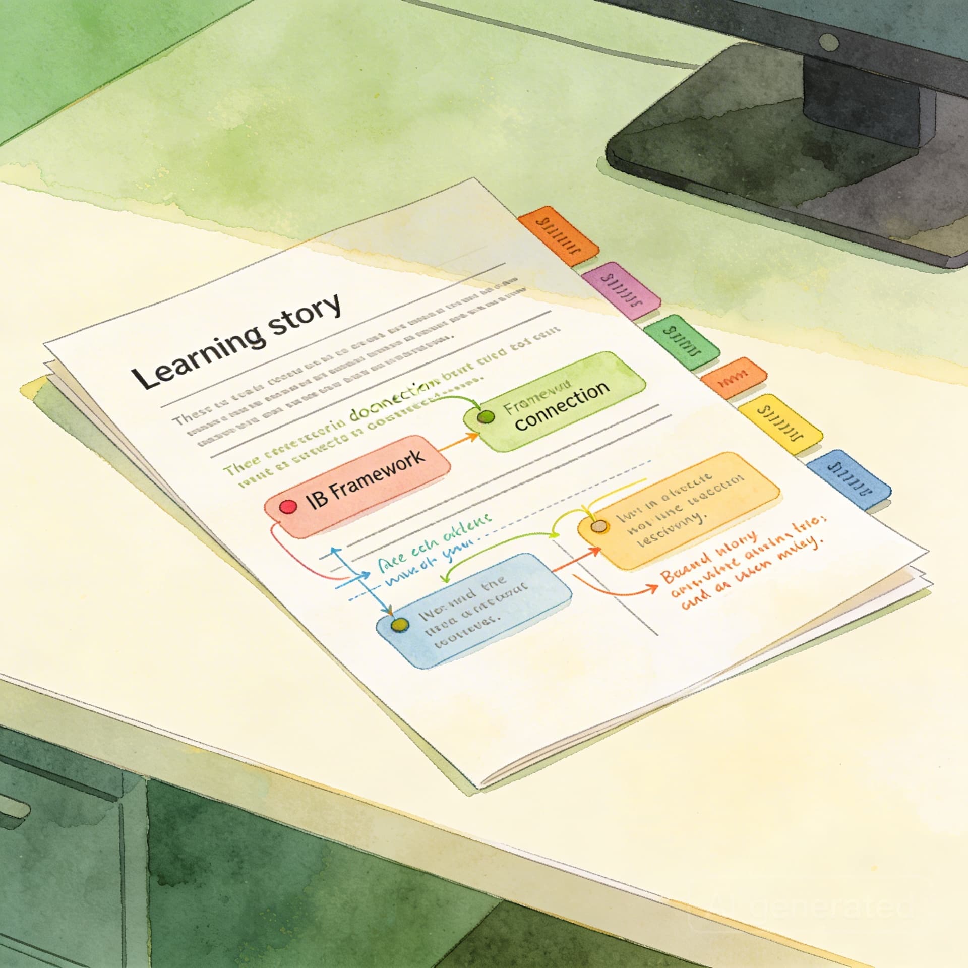 Beautifully designed learning story document with framework tags