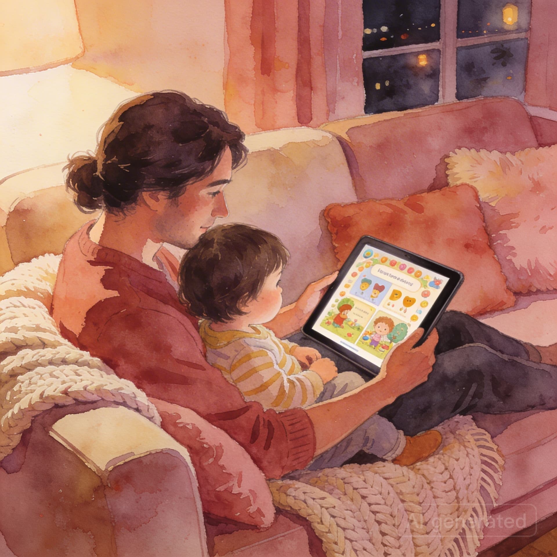 Parent and child reading a learning story together on a tablet
