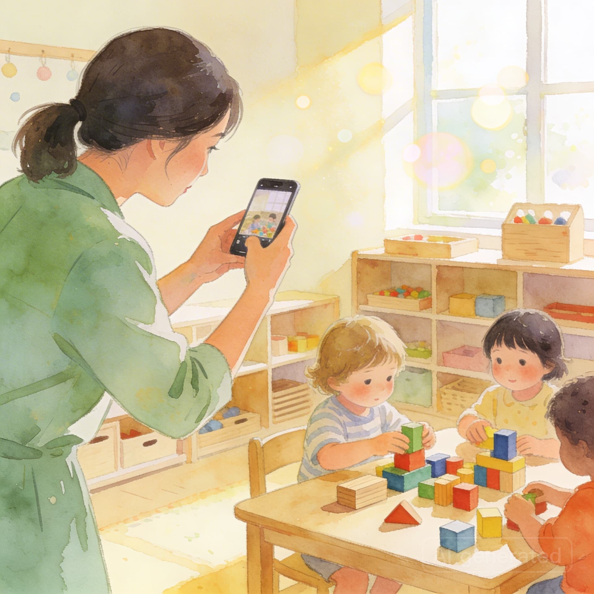 Educator quickly capturing a moment on her phone while children play