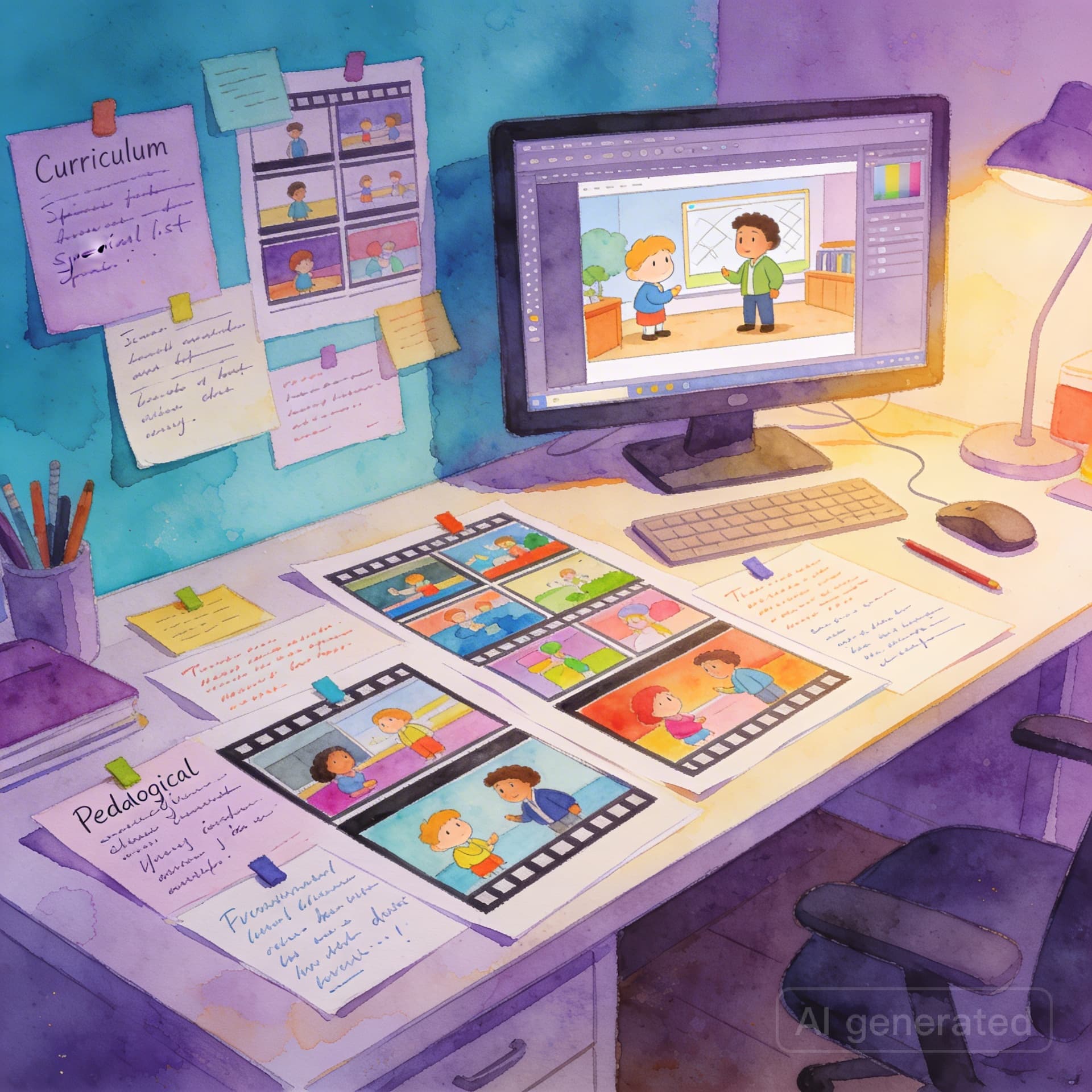 Specialist desk with pedagogical notes and storyboard sketches