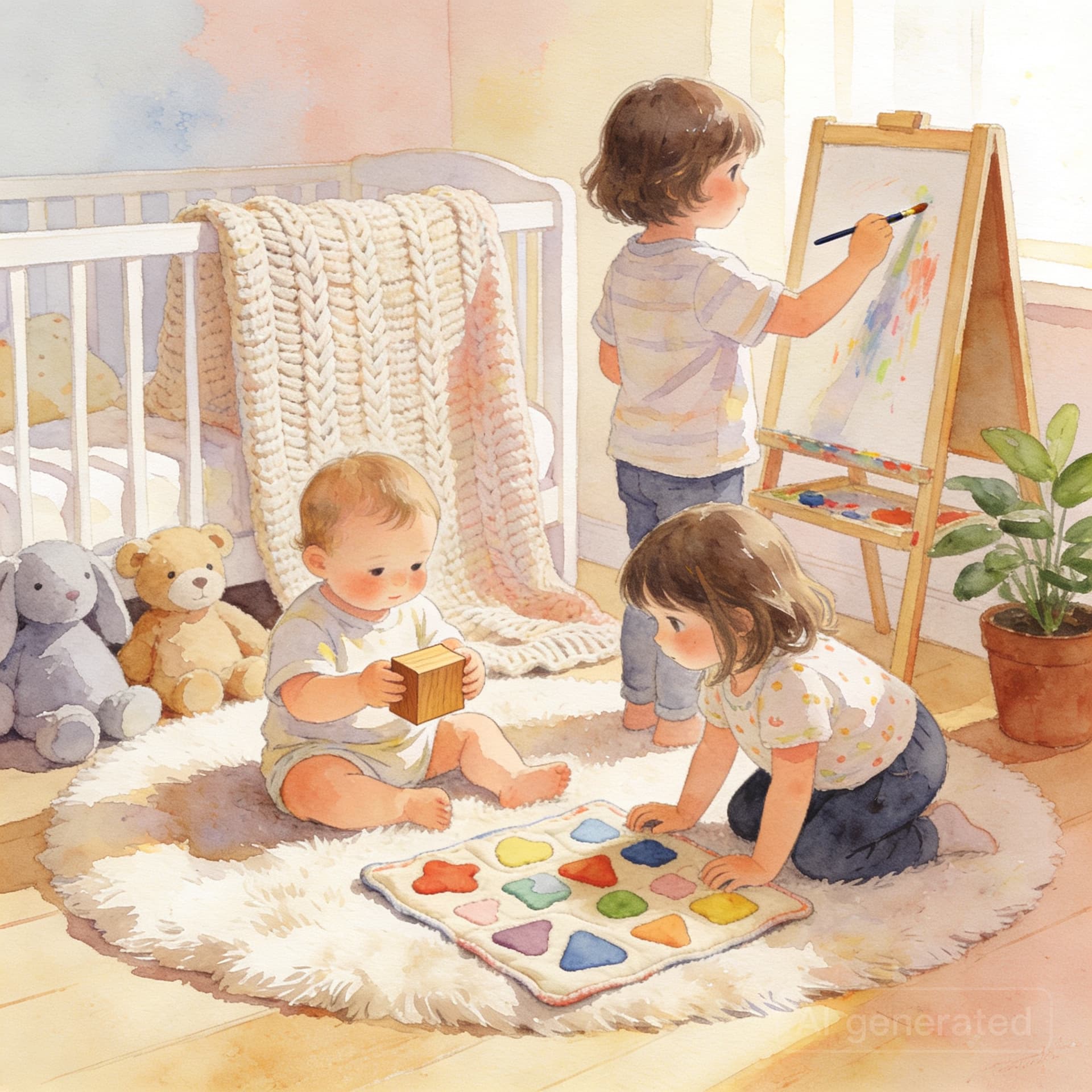 Children at different developmental stages engaged in age-appropriate play