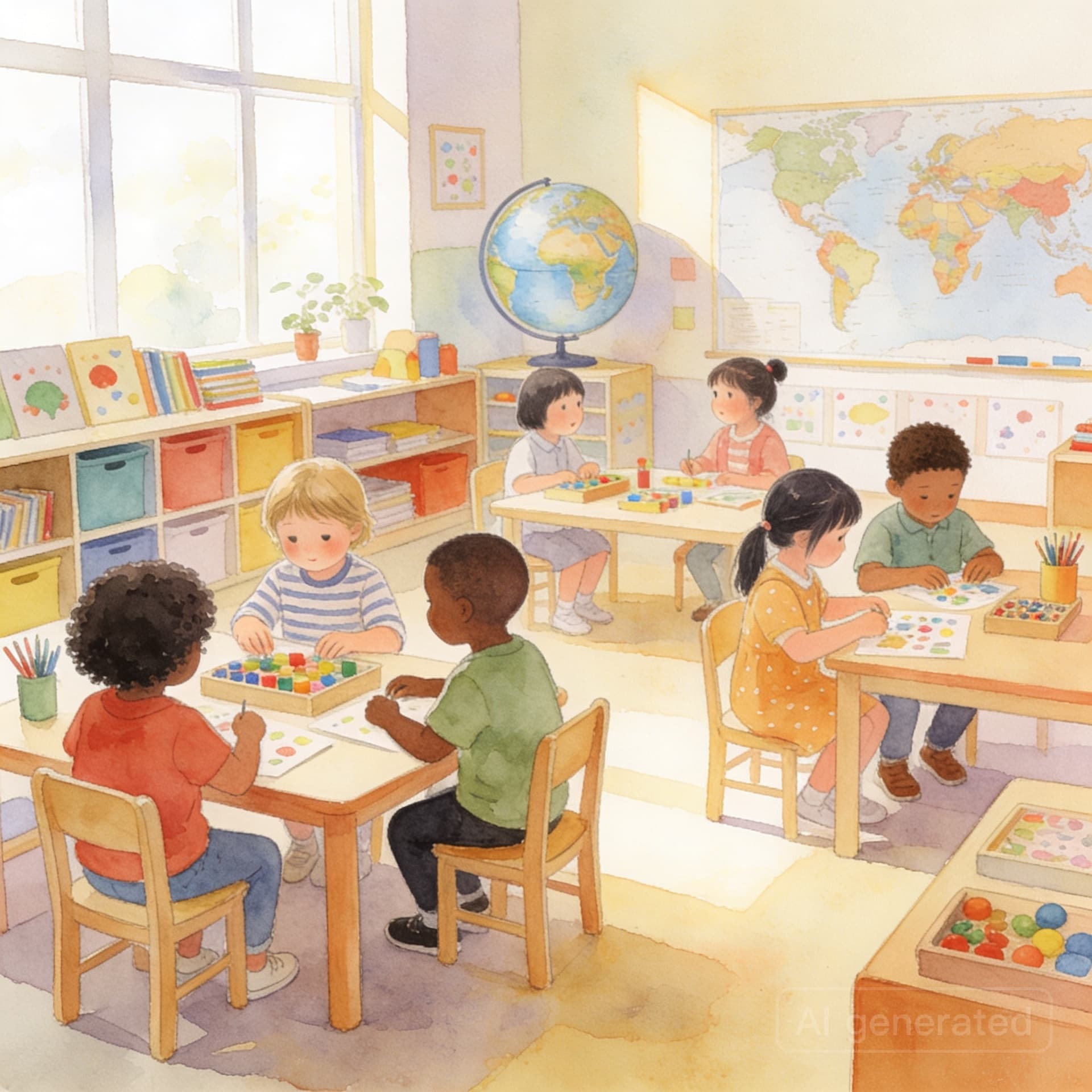Diverse children engaged in inquiry-based learning in an international classroom